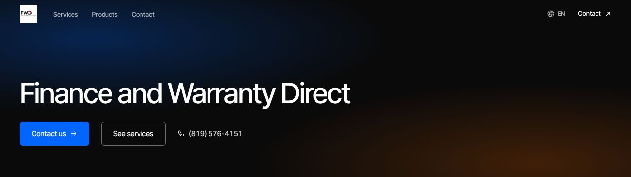 The top of Finance and Warranty Direct's website