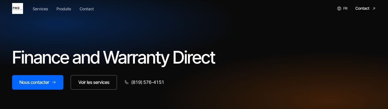 Le haut du site web de Finance and Warranty Direct